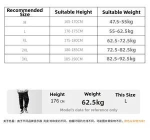 Detailed size guide table for men's techwear cargo pants including height and weight data