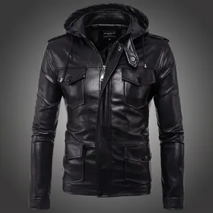 Men Hooded PU Leather Jacket Casual Multi Pocket Windproof Artificial Leather Coat For Autumn Winter Outdoor Daily Wear