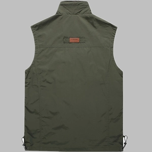 Back view of green multi-pocket outdoor vest with stand collar and adjustable hem