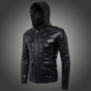 Men's black hooded faux leather jacket with four utility pockets and epaulettes