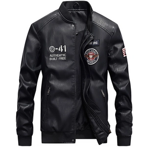 Men's black PU leather bomber jacket with military embroidery and ribbed stand collar