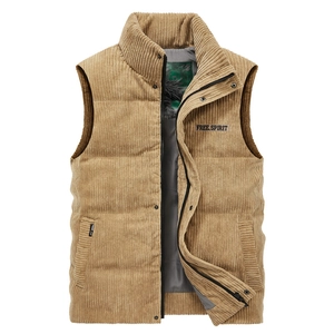 Men's Corduroy Padded Vest Stand Collar Fleece Lined Warm Waistcoat Casual Winter Outerwear Sleeveless Jacket For Men