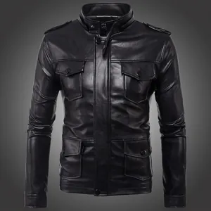 Classic black leather motor jacket for men with four utility pockets and epaulets
