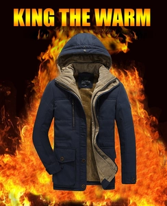 Men's navy blue thick winter parka with plush fleece lining and drawstring hood detail