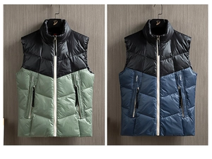 Détails des gilets matelassés bicolores avec col montant, tissu brillant et poches zippées