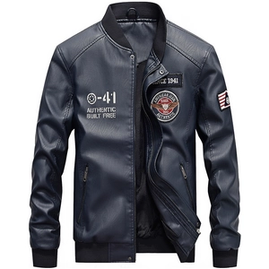Men's navy blue PU leather bomber jacket with vintage biker patches and ribbed trim
