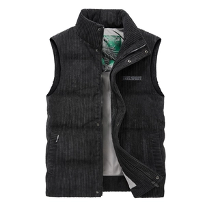 Men's dark grey corduroy winter vest with fleece lining and stand collar design