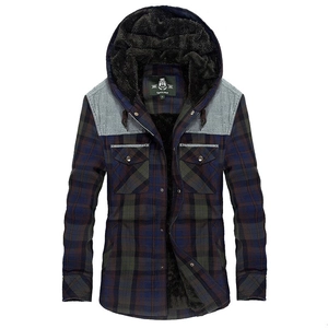 Men's hooded flannel shirt with thick fleece lining and blue-green plaid pattern