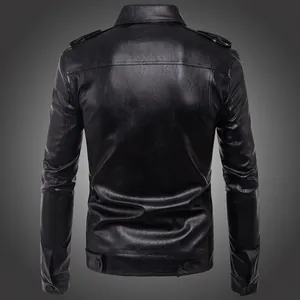Men's black faux leather biker jacket featuring epaulets and buckle hem adjustment straps