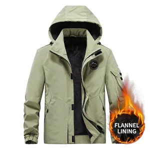 Men's winter military tactical hooded jacket with warm black flannel lining in light olive