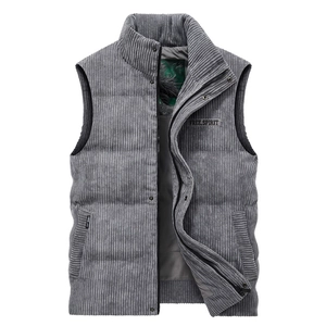 Men's winter dark grey corduroy vest with thick fleece lining and stand collar