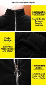 Detail view of black velvet quilted vest featuring metal ring zipper and stand collar