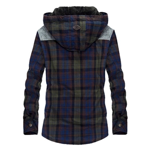 Back view of men's flannel plaid fleece-lined hooded shirt with gray shoulder panels