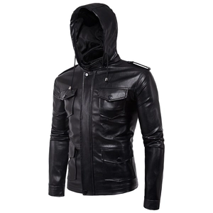 Men's slim fit black hooded faux leather jacket with utility cargo pockets and epaulettes