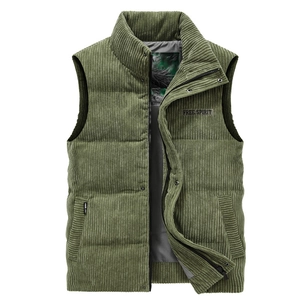 Men's olive green corduroy padded vest with warm stand collar and zipper closure