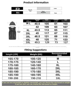 Detailed size chart for men velvet padded vest ranging from size M to 5XL with measurements