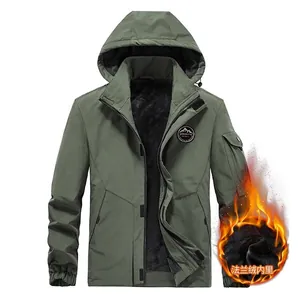 Men's military tactical jacket in olive green with warm flannel lining and removable hood