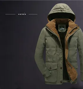 Detail view of winter hooded parka featuring dual-layer placket and corduroy lining detail