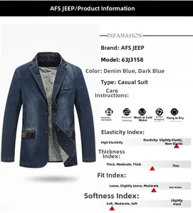 Detail of blue denim blazer showing lapel with dark leather trim and floral lining