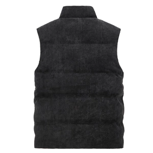 Men's black corduroy padded vest with stand-up collar and horizontal quilting for winter