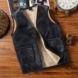 Men's dark grey fleece-lined winter vest with V-neck and pockets on wooden background
