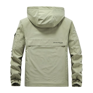 Men's sage green military hooded cargo jacket with Seek Adventure back print design
