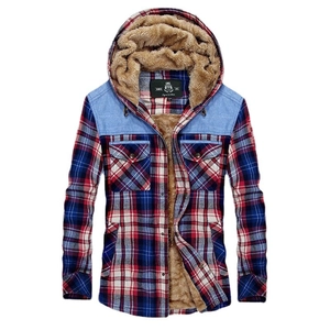 Men's hooded flannel plaid jacket with warm sherpa lining and denim patchwork