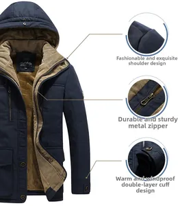 Detail view of winter hooded jacket showing windproof cuffs, fleece lining, and metal zipper