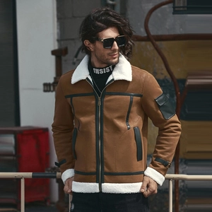 Men's Vintage Faux Leather Aviator Jacket Warm Shearling Lined PU Winter Bomber Outerwear With Lapel Zipper Flight Coat