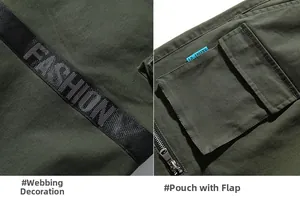 Detail view of cargo pants with black fashion webbing and tactical 3D flap pocket