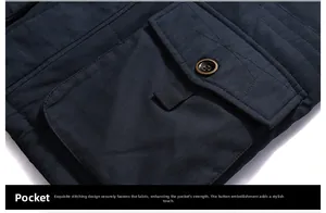 Detailed close-up of dark blue cotton jacket pocket with durable stitching and round button