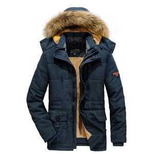 Men's heavy winter parka in navy blue with thick faux fur hood and warm fleece lining
