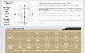 Detailed size chart for men's winter jacket showing measurements from L to 6XL in centimeters