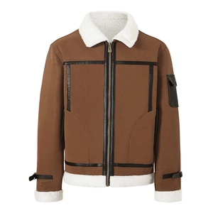Men's caramel brown faux leather aviator jacket with white faux shearling lining