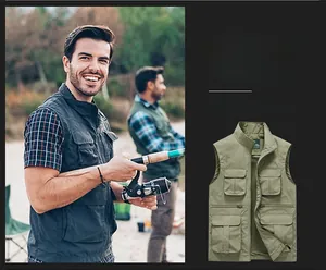 Detail of multi-pocket fishing vest showing cargo pockets and outdoor leisure fit
