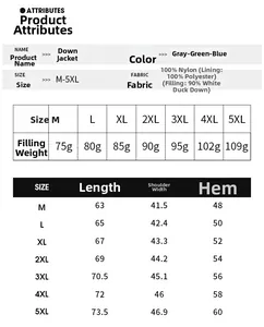 Tableau des tailles détaillé pour gilet en duvet d'homme avec mesures et rembourrage
