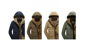 Men's winter hooded jackets with fleece lining in navy blue, brown, khaki, and olive green