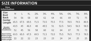 Detailed size chart for washed multi-pocket fishing vest from M to 8XL plus size fit
