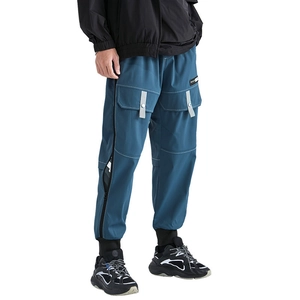 Teal men's cargo pants with multi-pockets and functional ribbon details in a casual style