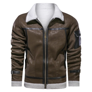 Men's brown faux leather aviator jacket with white faux fur lining and collar