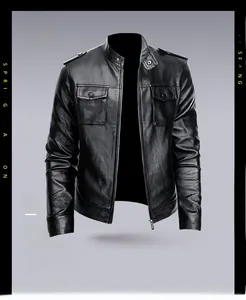 Detail of black stand-collar leather jacket featuring shoulder epaulettes and chest pockets