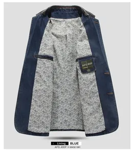 Detail of dark blue denim jacket lining with gray paisley pattern and inner pocket