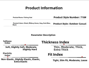 Size chart and technical specifications for the outdoor multi-pocket fishing vest