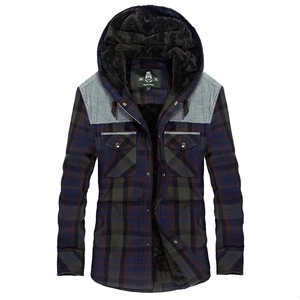 Men's hooded plaid flannel shirt with warm fleece lining and grey shoulder patches