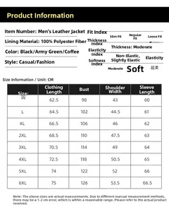 Detailed size chart for men's biker jackets with measurements for length, chest, and sleeve