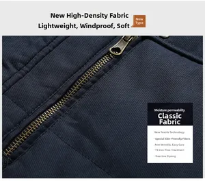Detail of navy blue winter jacket with windproof fabric and bronze metal zipper