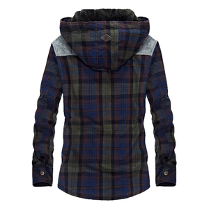 Men's plaid hooded flannel jacket with fleece lining and shoulder patches in navy and green