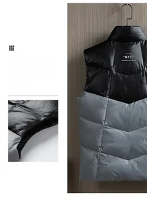 Détail du gilet matelassé pour hommes avec surpiqûres en V et inscription NYC au col