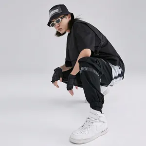 Men's streetwear black cargo pants and T-shirt set with fashion ribbon detail