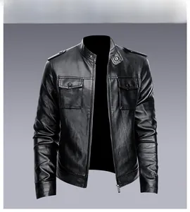Detailed view of men's black leather jacket with stand collar, epaulettes, and chest pockets
